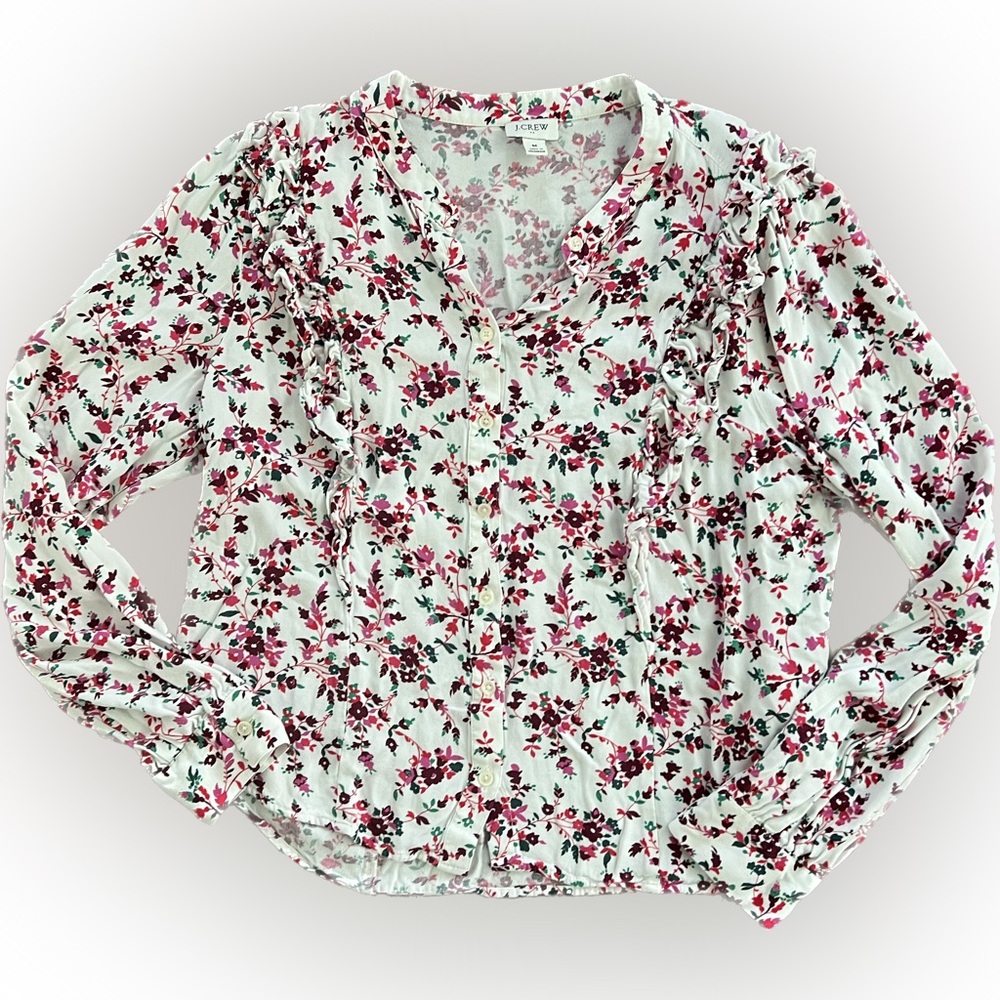 J. Crew White and Pink Long Sleeve Floral Ruffle Top